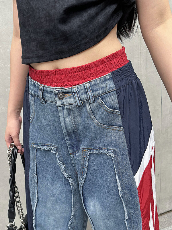 Женские широкие джинсовые брюки, эластичные свободные брюки контрастных цветов в стиле ретро с высокой талией, лето 2024