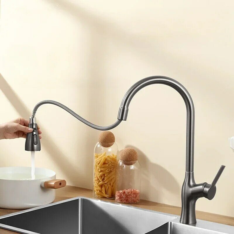 Pull Out Kitchen Sink Faucet Hot Cold Water Mixer Tap 3 Function Stream Sprayer Single Handle Brass Rotatable Water Tap