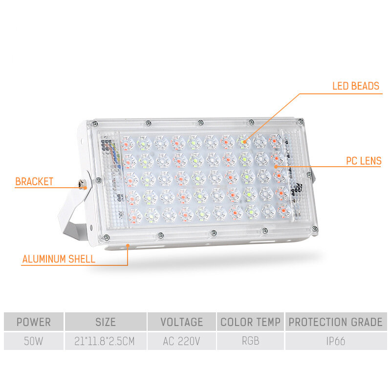LED 투광 조명 RGB 원격 제어 IP66 방수 야외 LED 스포트라이트, 조경 조명 벽 램프 반사판, 50W, 220V