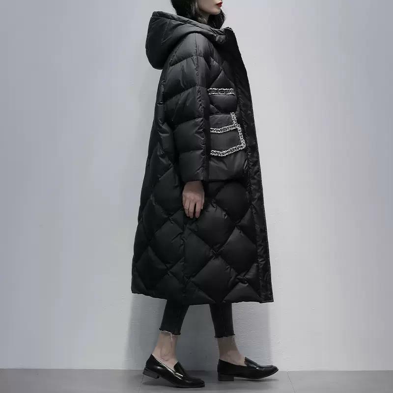 Winter New Solid Color Mid Length Large Women Down Coat Hooded Casual White Duck Down Coat Parkas