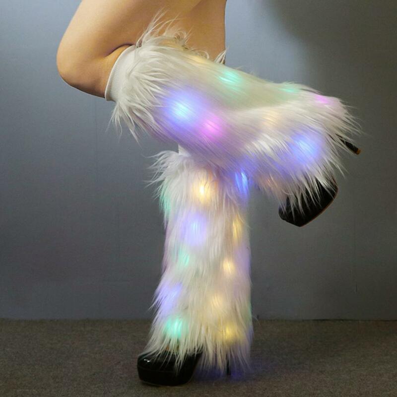 여성용 레그 워머 LED 라이트 모피 레그 워머, 세련된 모조 모피 부츠 커버, 플러시 탄성 다리 양말