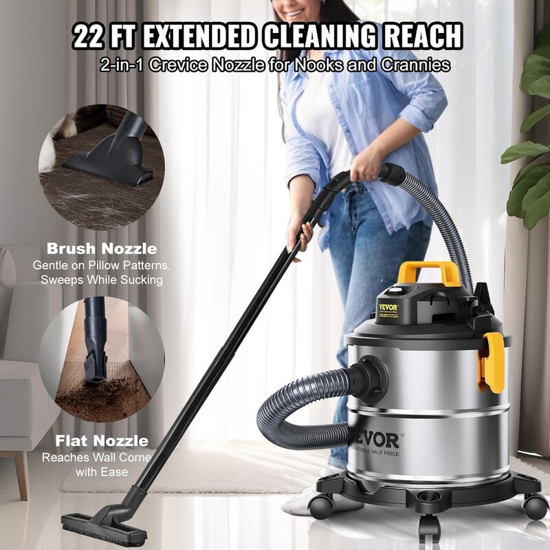 Stainless Steel Wet Dry Shop Vacuum, 5.5 Gallon 6 Peak HP Wet/Dry Vac, Powerful Suction with Blower Function with Attachments