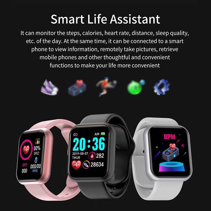 Reloj de pulsera inteligente Y68 para hombre y mujer, pulsera deportiva con pantalla a Color, rastreador de actividad para correr, frecuencia cardíaca, reloj de horas