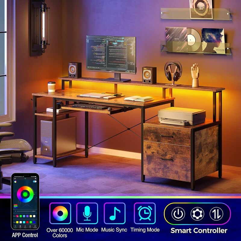 Computador Gaming Desk com luz LED e Power Outlets, Home Office Desk, armário de arquivos, prateleiras de armazenamento, 65 "W