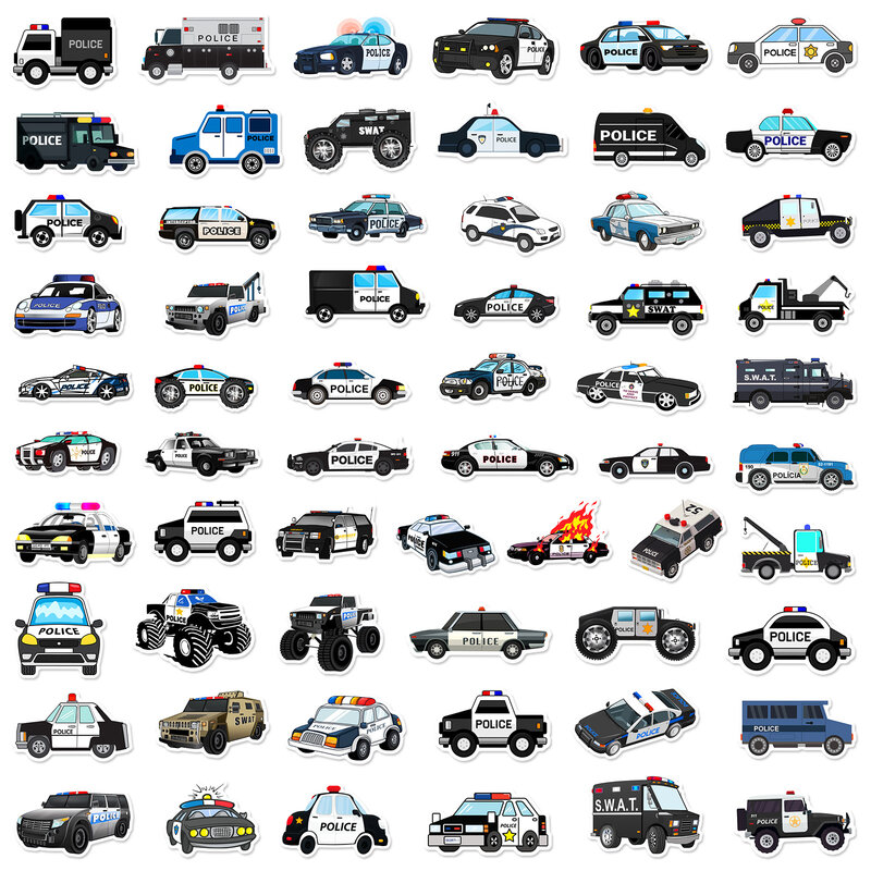60 buah stiker grafiti seri mobil polisi kartun cocok untuk helm Laptop Dekorasi Desktop mainan stiker DIY grosir