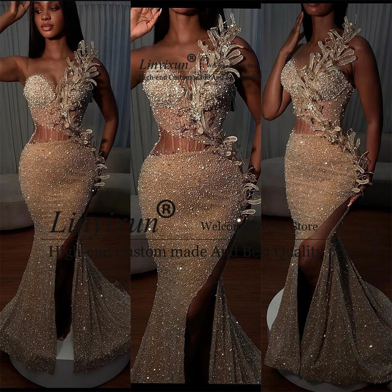 Sparkly Beaded Floral Mermaid Prom Dress Sexy High Slit Sequin Beaded Shiny Formal Evening Party Gowns Dubai Arabic Robe De Bal