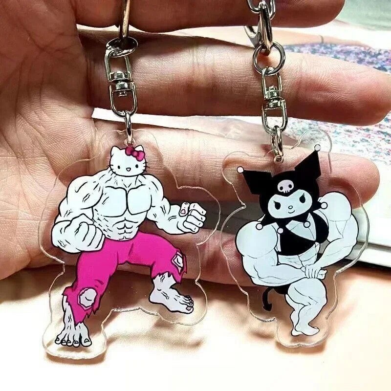 Funny Muscle Keychain Anime Hello Kittys Kawaii Girls Keychain Fitness Macho My Melodys Backpack Couple Pendant Toy Gift