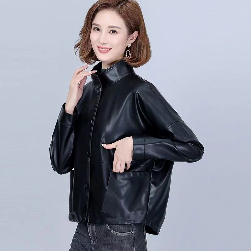 Jaket kulit PU wanita, atasan longgar kulit domba imitasi, pakaian luar Korea pendek Musim Semi dan Gugur 2024