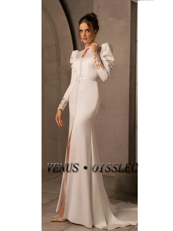 VENUS Elegant Wedding Dress With Buttons Appliques High Neck Mermaid Prom Dress Illusion Evening Dress فساتين للحفلات الراقصة
