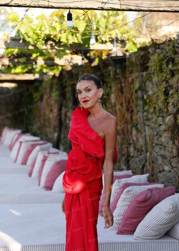 Red Matte Satin Mini Dress  Custom Made Flowers Dress Chic 2024 New Fashion One Shoulder Party Dresses Ever Pretty Cocktail Gown
