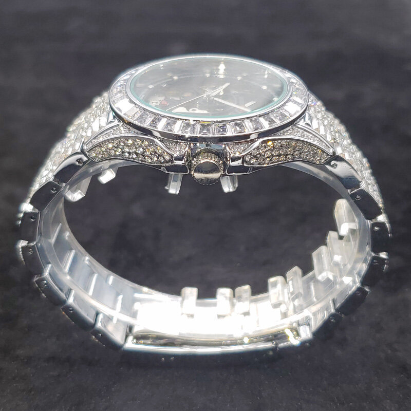 Nieuwe Volledig Iced Out Mannen Automatische Mechanische Mannelijke Horloge Skeleton Dial Klok Stalen Band Top Merk Luxe Horloges Ruby sieraden