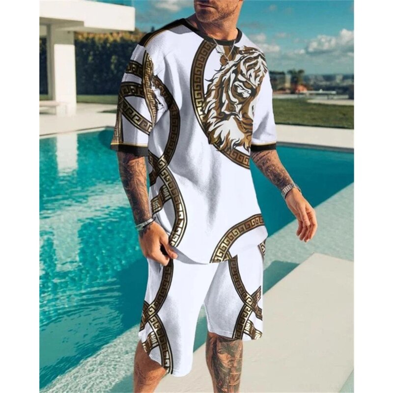 Setelan pakaian pantai pria, baju olahraga ukuran besar Eropa dan Amerika kasual trendi 3D bercetak digital