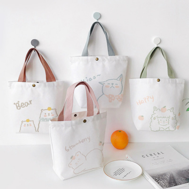 Women Mini Cotton Canvas Handbag Cute Bear Small Simple Tote Bags Shopping Bag Lovely Decoration Purse Lunch Bag