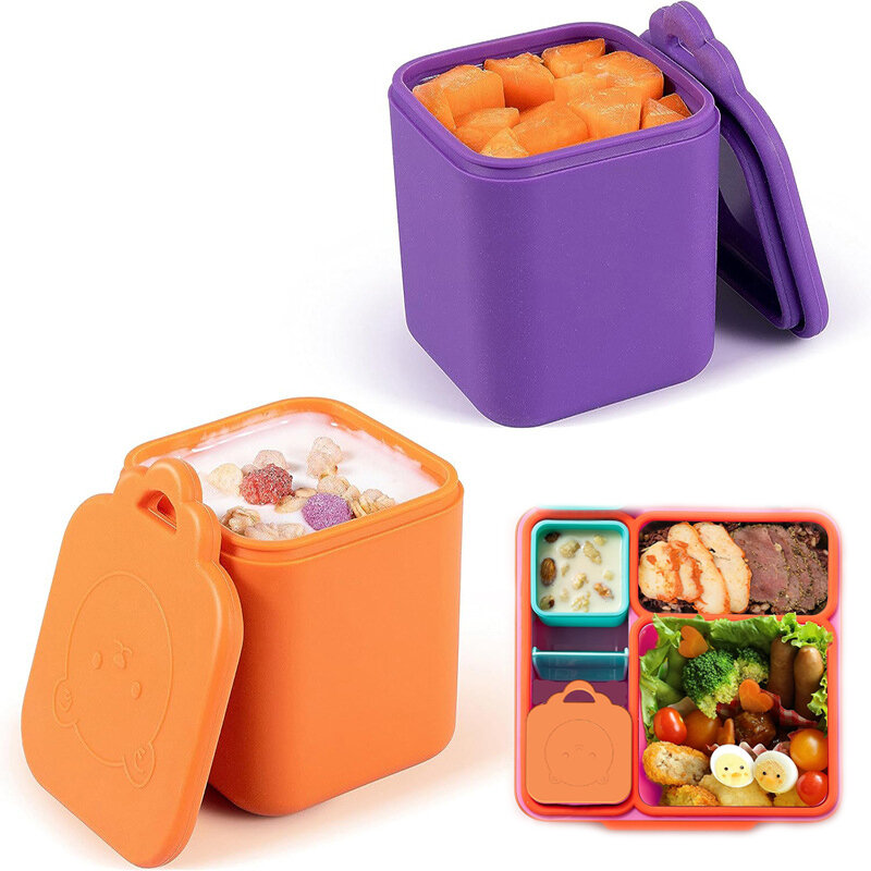 子供のための焦げ付き防止シリコンランチボックス、蓋付きのソースカップ、小さな調味料収納ボックス、かわいいクマの正方形のお弁当容器