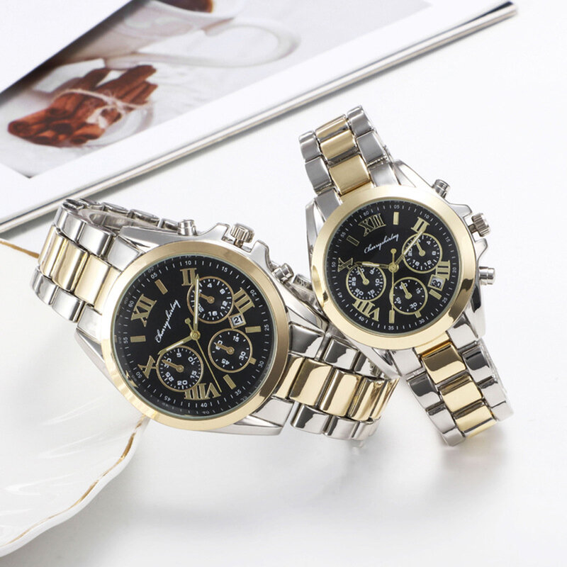 4 Stück Set Luxus Stahl Liebhaber Quarzuhren Mode Männer Frauen Kalender Uhr für Paar Uhr mit Armbändern für Liebhaber Geschenk