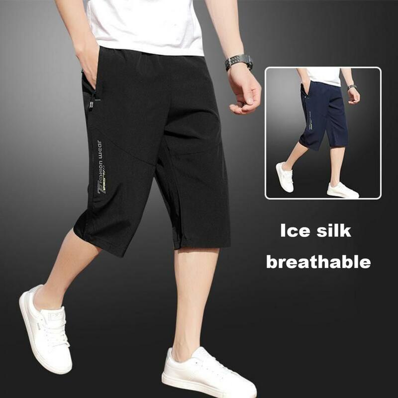 Solid Color Cropped Pants Men's Elastic Waist Cropped Pants with Zipper Pockets Soft Breathable Mid-calf Trousers in for Men