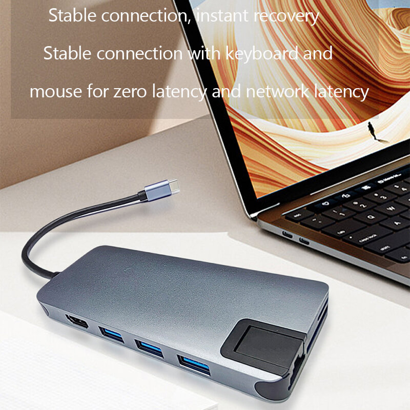 Base tipo C para portátil HDMI4K30HZ + SD Hub USB-C, conversión a F2.0 + PD100W + RJ45 (100Mbps)+ 3,5 audio