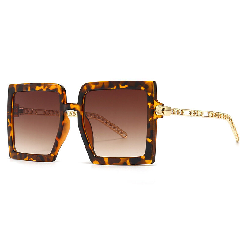 Nieuwe Retro Oversized Vierkante Zonnebril Voor Vrouwen Metalen Ketting Hanger Bril UV400 Oculos De Sol