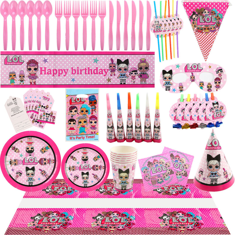 Dekorasi pesta ulang tahun tema kejutan Set lol sekali pakai peralatan makan Gadis boneka merah muda piring serbet taplak meja untuk perlengkapan mandi Anak