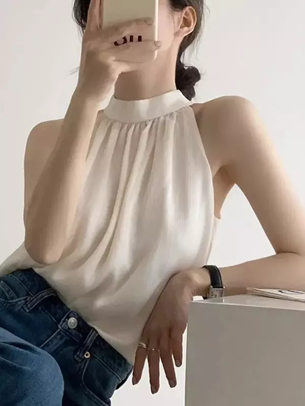 여성 홀터넥 오프숄더 디자인 쉬폰 상의, 프렌치 스타일 유니크한 화이트 쉬폰 셔츠, 귀엽고 패셔너블한 신상