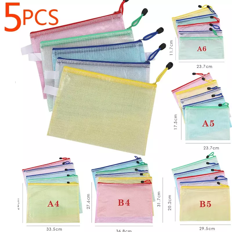 Mesh Zipper Pouch para documentos, papelaria, pasta de arquivos, material escolar e de escritório, A4, A5, A6, B5, A3, B4, Zip Bag, 2pcs, 5pcs
