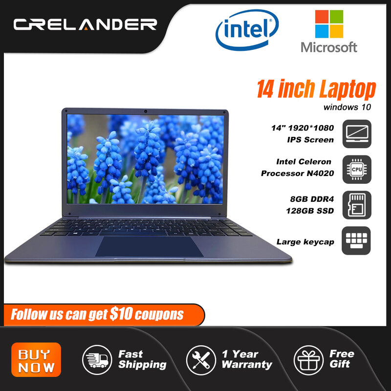 CRELANDER Laptop 14 inci Intel Celeron N4020 layar IPS, Laptop komputer Mini PC Notebook 5G WIFi RAM 8GB SSD 128GB Windows 11