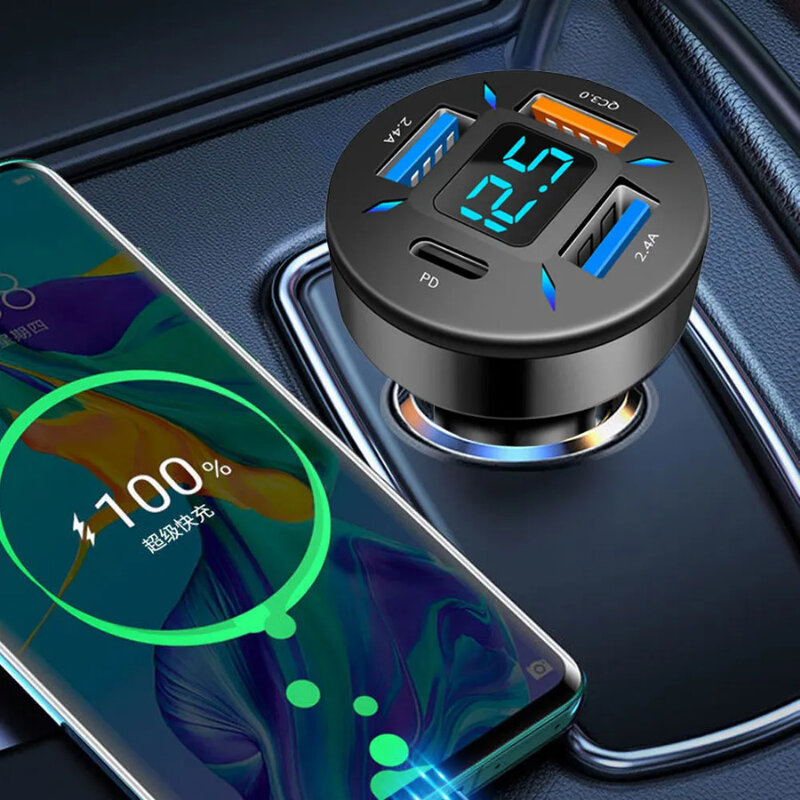 Car Charger Smart 4-Port USB A+USB C Fast Charging Adapter Cigarette Lighter LED Voltmeter for All Types Mobile Phone Charger