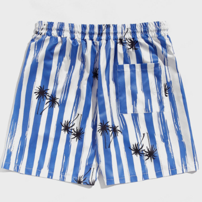 Letnie męskie spodenki plażowe szorty szybko schnące niebieskie białe paski z nadrukiem na drzewie luźny sznurek kąpielówki wakacje