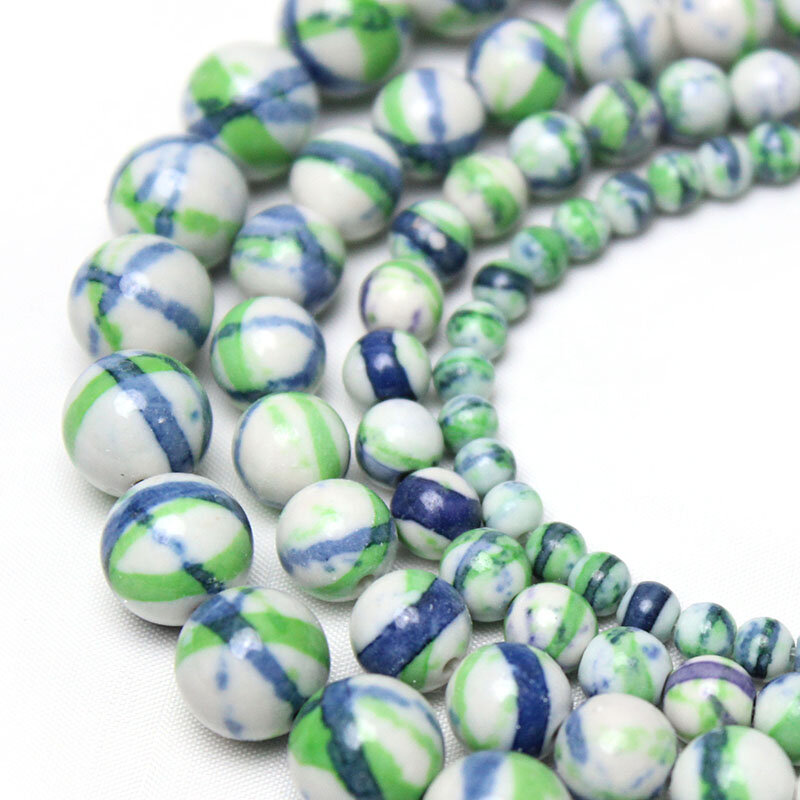 Perles de jaspe en pierre naturelle à rayures bleues et vertes pour la fabrication de bijoux, rondes et amples, 4/6/8/10mm, 15 pouces