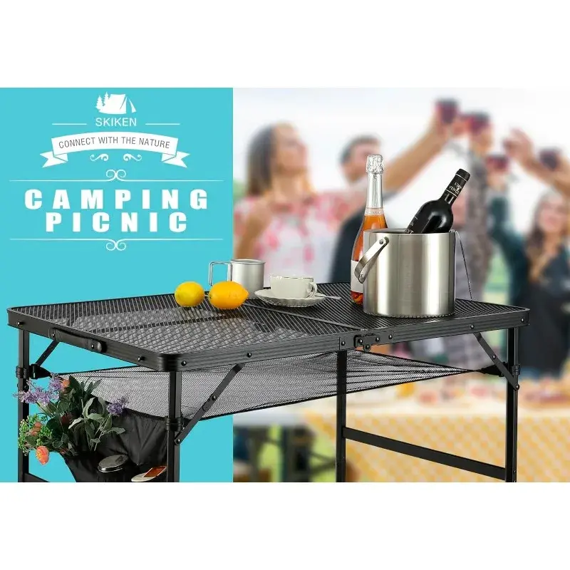 SKIKEN Folding Picnic Table with Mesh Bag, Outdoor Camping Table/Grill Table, Steel Mesh Desktop, 2 Adjustable Heights