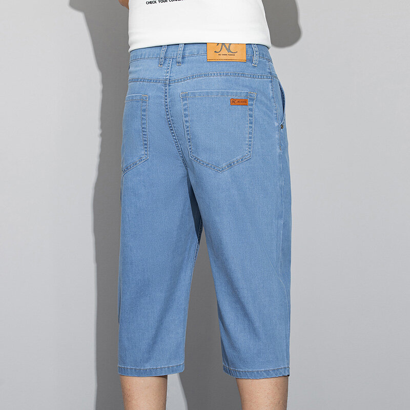 Short jeans Lyocell Stretch masculino, jeans fino na estatura de bezerro, calças cortadas, jeans curto solto, marca clássica masculina, verão