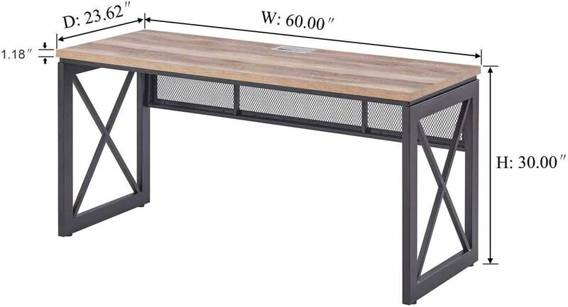 BON AUGURE Przemysłowe biurka do domowego biura, rustykalne drewniane biurko komputerowe, solidne metalowe biurko wiejskie (60 cali, dąb vintage)