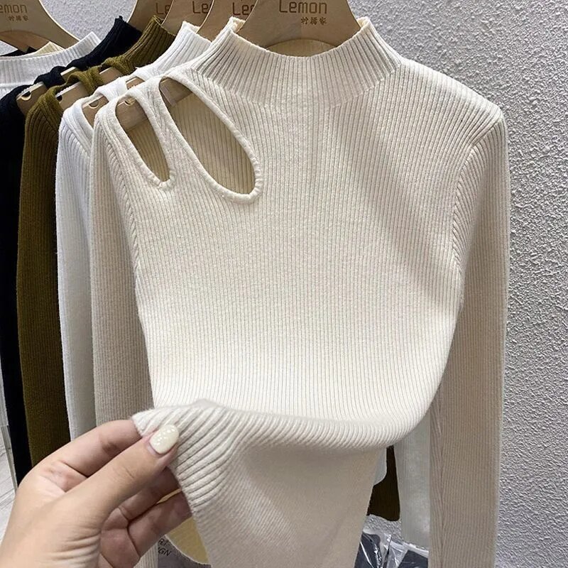 Женский трикотажный свитер, универсальный пуловер с длинным рукавом и высоким воротником, Осень-зима 2024