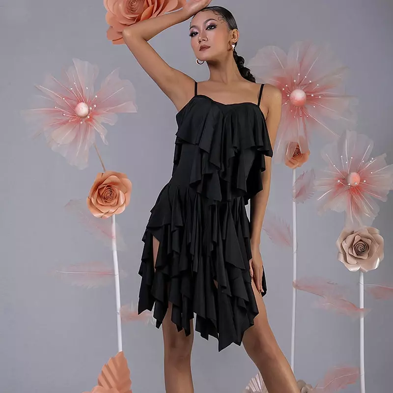 Women Pink Black Latin Dress Ballroom Dance Competition Dress Prom Dress Open-Back Ruffled Latin Dance