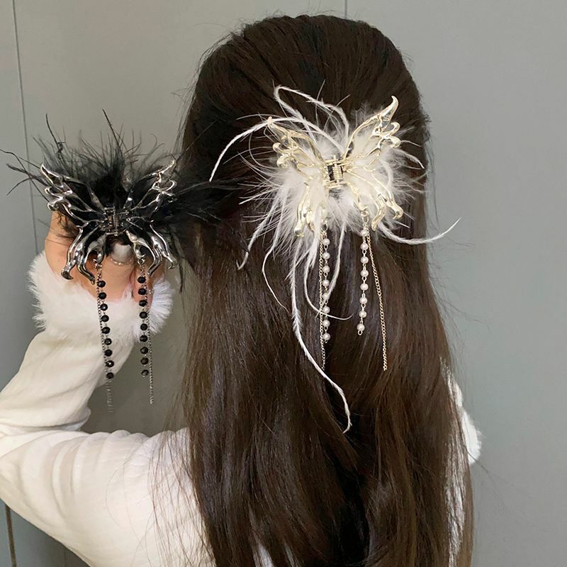 Feather butterfly pearl tassel hair clip for women, back of head spoon grab clip shark clip hair accessory
