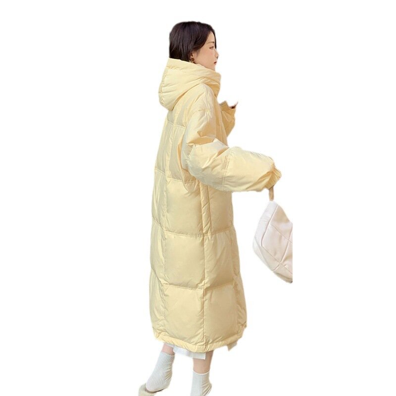 Chaqueta de plumón de algodón para mujer, abrigo sobre la rodilla, de longitud media, con capucha, color amarillo claro, novedad de invierno, 2023