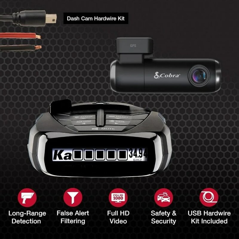코브라 RAD 480i 레이저 레이더 탐지기, SC100 스마트 대시 캠, 2.5A 마이크로 USB 하드 와이어 키트, 대시 캠용
