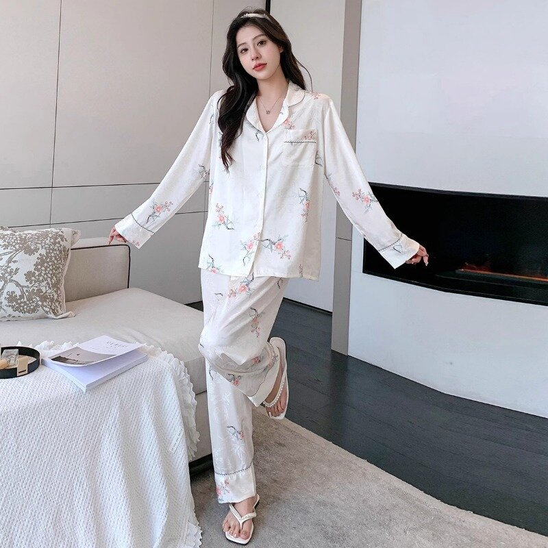 Spring and Autumn Women's Ice Silk Pajamas Long-sleeved High-end Printed Home Clothes Summer Thin