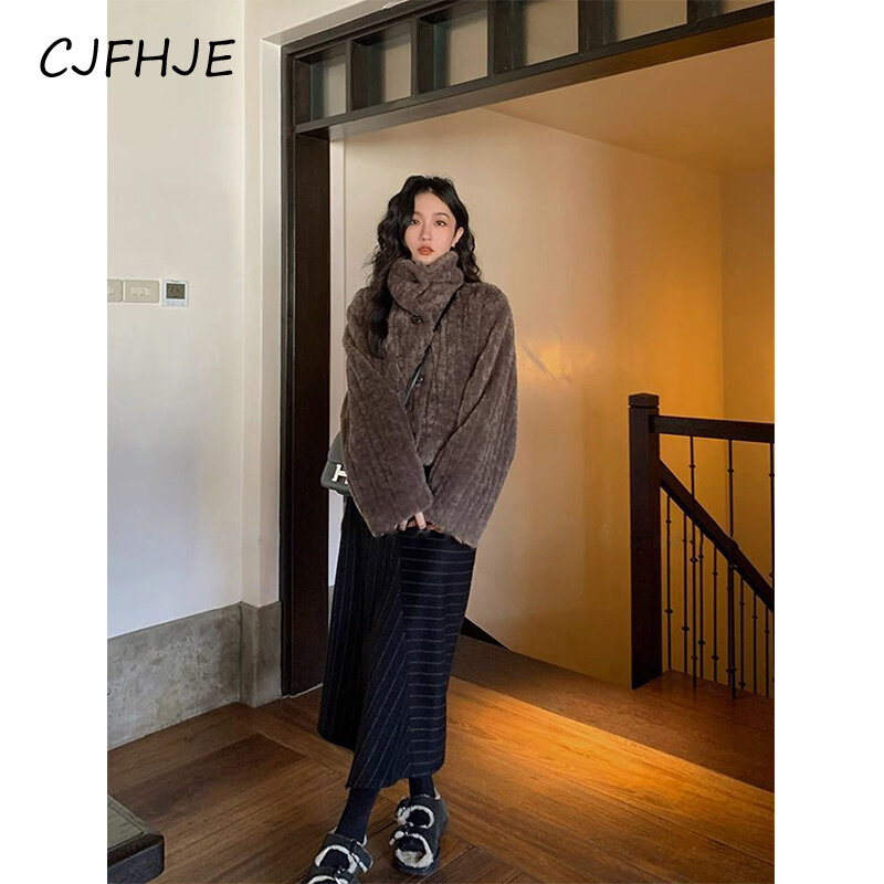 CJFHJE-abrigo corto Vintage de piel sintética para mujer, chaquetas mullidas cortas con soporte elegante, ropa de calle de invierno, abrigo de felpa informal coreano, nuevo