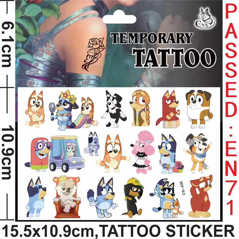 Pegatinas de tatuaje Bluey impermeables, pegatina linda de Anime, fiesta de cumpleaños divertidos para suministros, decoración, regalo para niños