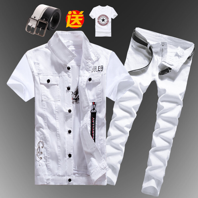 2 pcs/Set Mens Boys Casual Denim Vest Sem Mangas Colete + Calças Jeans Calças para o Verão Outono Primavera Livre Enviar Tshirt Belt