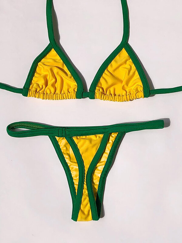 Absobe-Conjunto de Bikini con letras bordadas para mujer, contraste de Color dividido con traje de baño, bañador de retazos, ropa de playa de verano