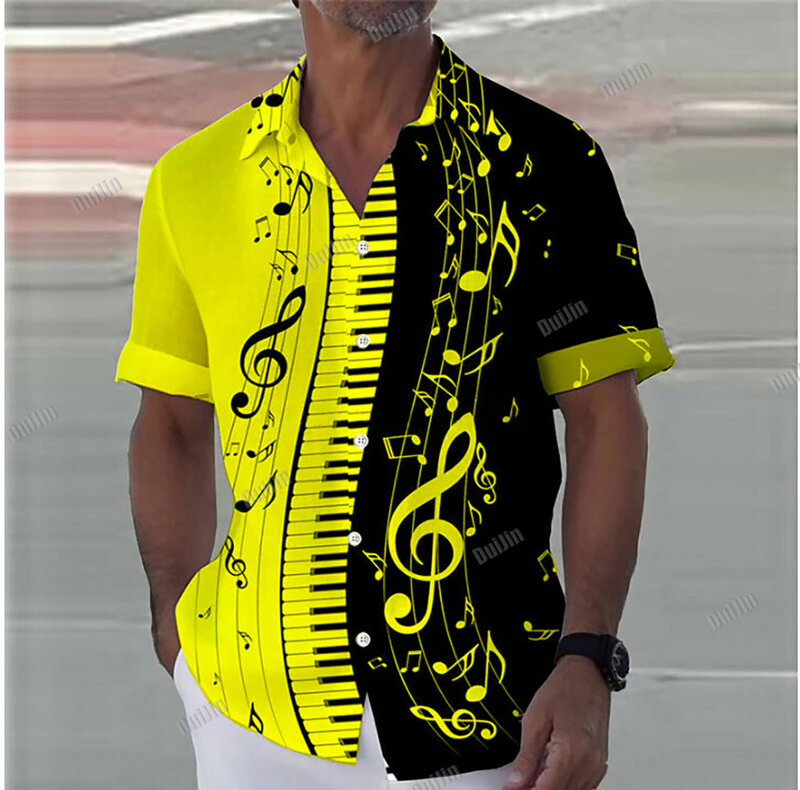 Мужская летняя рубашка на пуговицах, с принтом пианино и коротким рукавом