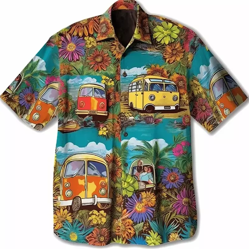Hawajska koszula z kwiatowym wzorem hipisowski autobus na świeżym powietrzu z krótkim rękawem i nadrukiem odzież moda uliczna szykowny design casual
