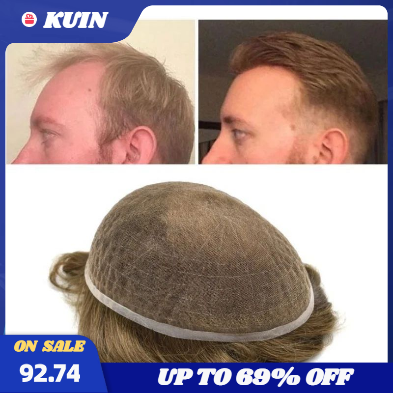 Kuin-Full Lace Toupee para homens, peruca natural de renda, sistema de cabelo humano reto, prótese capilar respirável