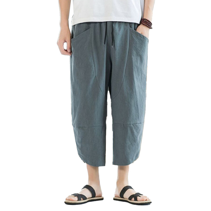 กางเกงคาปรีผ้าฝ้ายและผ้าลินินสำหรับผู้ชายกางเกงชายหาดลำลองกางเกงฮิปฮอปฮาราจูกุกางเกงซามูไร