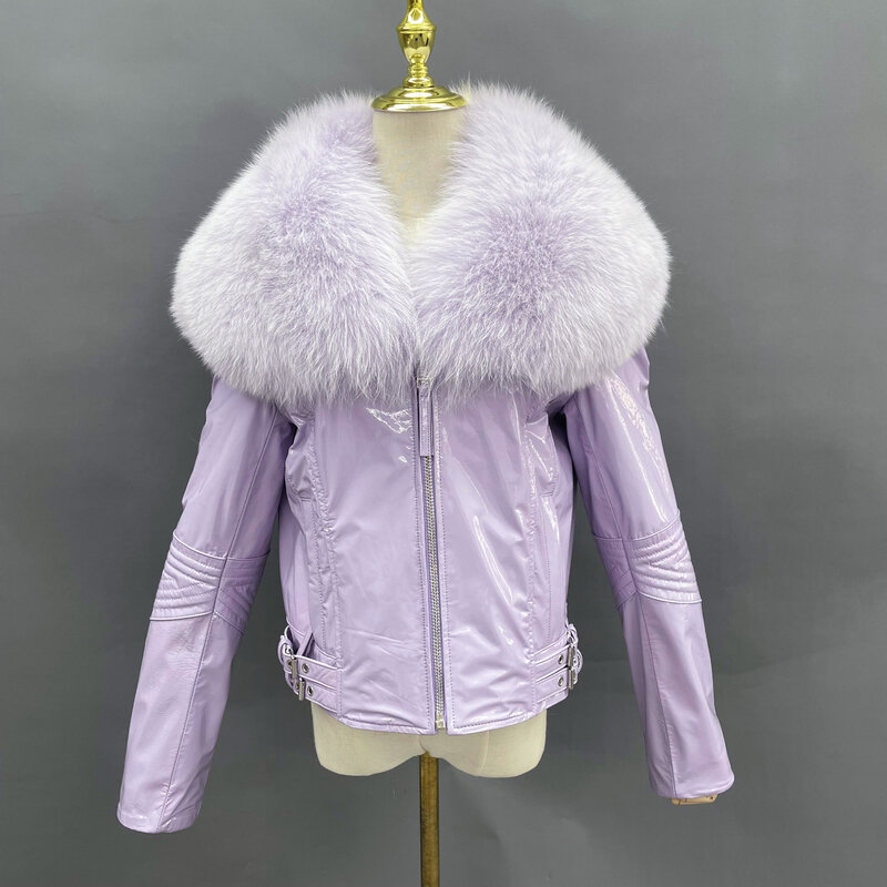 Janefur Company 여우 모피 칼라 진짜 가죽 재킷, 여성용 반짝이는 특허 가죽 코트