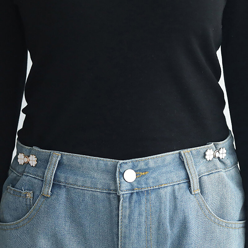 Fashion empat daun semanggi logam kancing Jeans lepas pasang celana klip gesper pinggang DIY pengencang pinggang