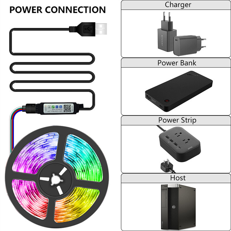 RGB LED 스트립 조명 5050, USB LED 조명 앱 제어, 유연한 램프 테이프, TV 백라이트 방 장식 조명 다이오드