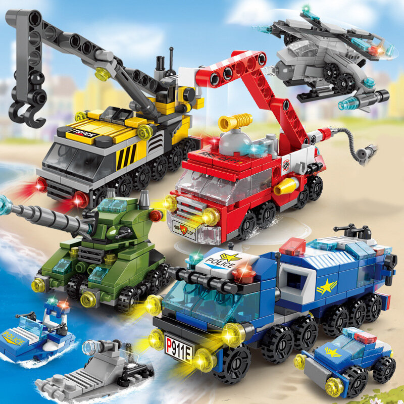 6IN1 Building Blocks City Fire Car Police Truck Engineering Crane Tank Helicopter Bricks Set Toys for Children Kids